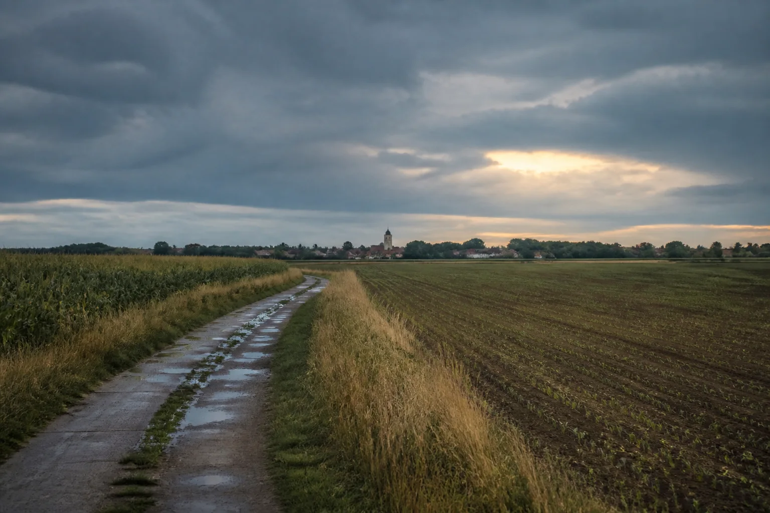 Editorialmotiv: nasser Feldweg zwischen Feldern mit einem Dorf am Horizont