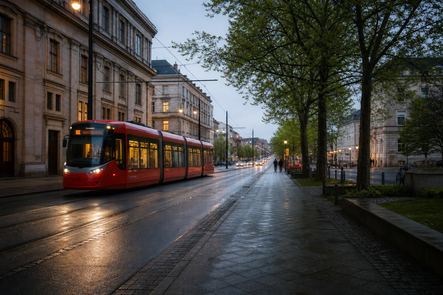 Editorialmotiv: rote Straßenbahn auf einer nassen Straße in einer sachsen-anhaltischen Stadt