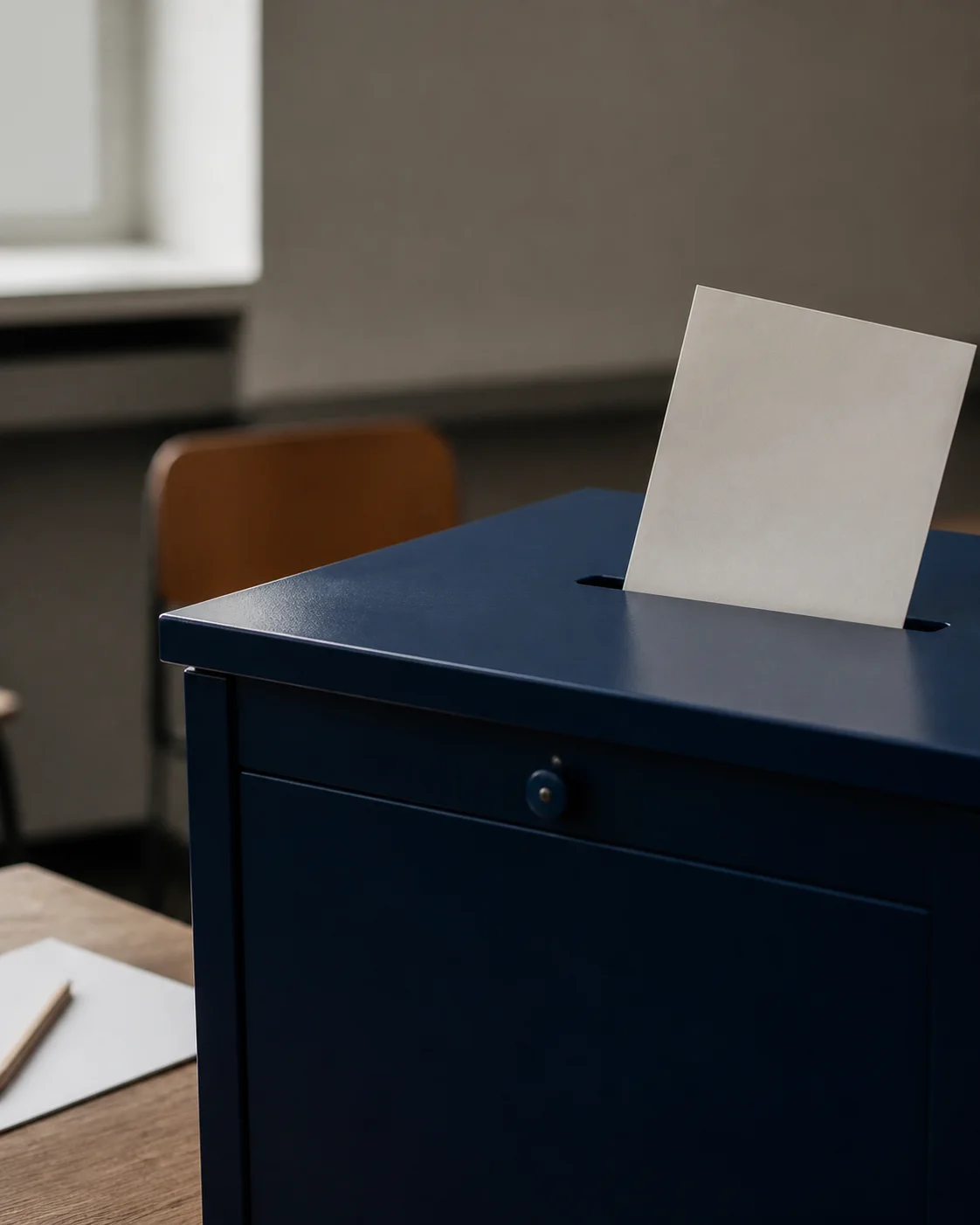 Editorialmotiv: leerer Stimmzettel an einer dunklen Wahlurne